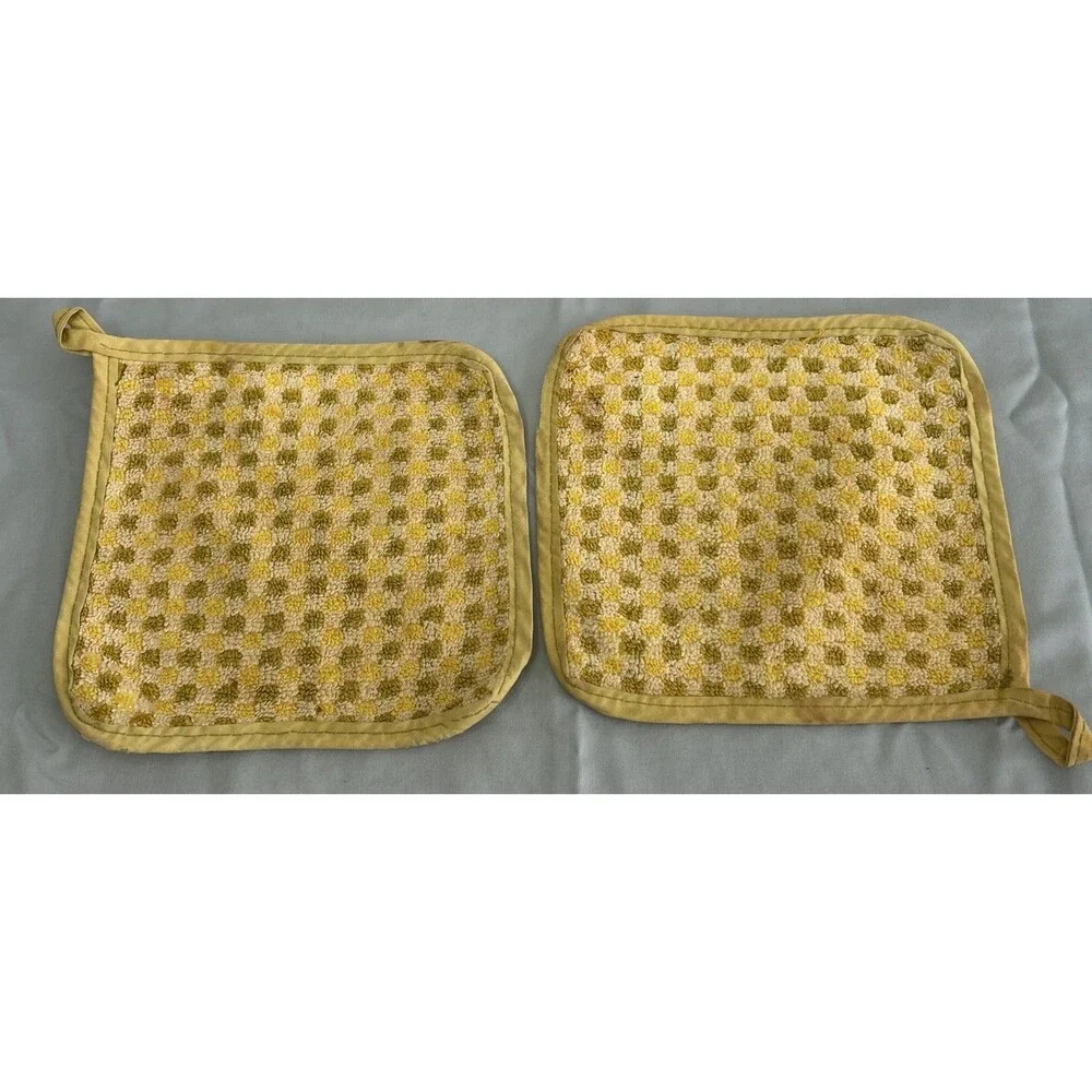 Vintage Cannon USA Cotton Terry Potholders Mustard Checkered 1970’s Distressed